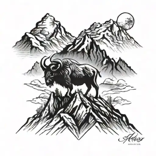 A Majestic Mountain Range With The Aries Zodiac Symbol Subtly Integrated Into The Peaks