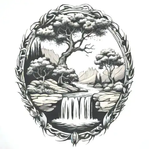 A River With An Olive Tree On One Side And A Campfire On The Other Side Waterfalls Down The Fron