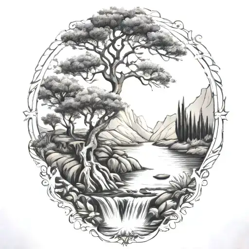 A River With A Campfire On One Side And An Olive Tree On The Other Side Waterfalls Down The Front