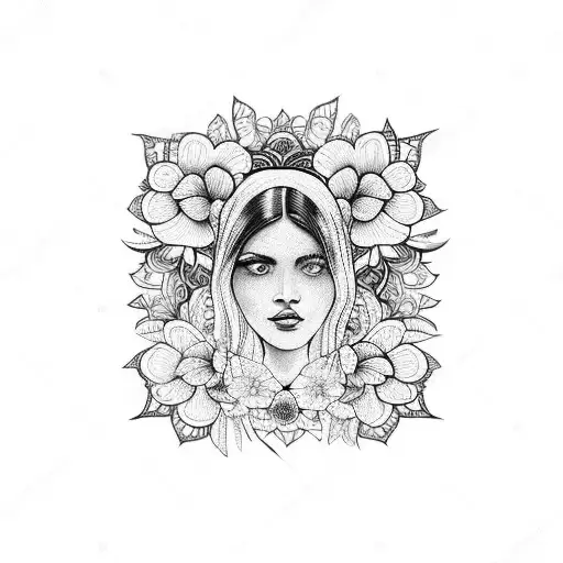 A Blackwork Tattoo Of A Woman Surrounded By Intricate Floral Patterns