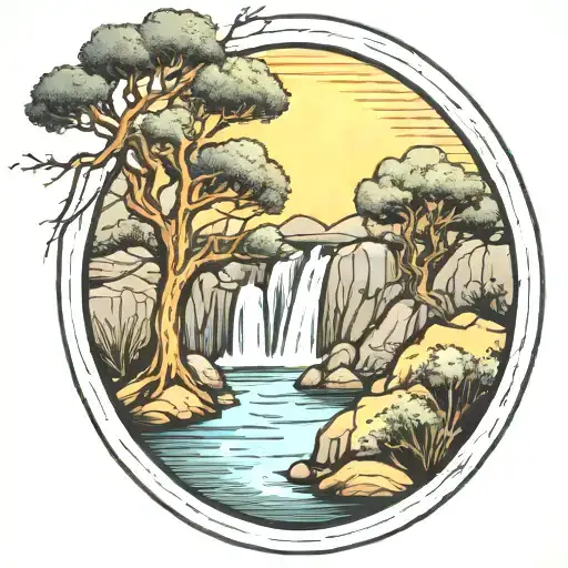 A River With A Campfire On One Side And An Olive Tree On The Other Side Waterfalls Down The Front