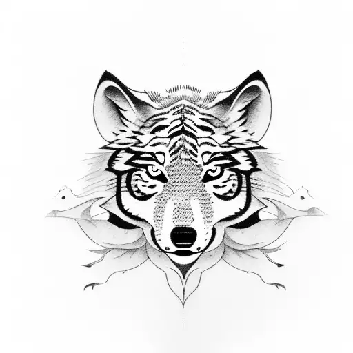 Wolf With Tiger Cub And Fox Cub