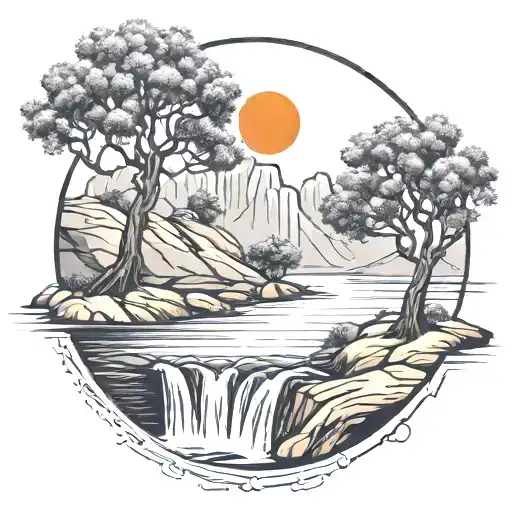 A River With A Campfire On One Side And An Olive Tree On The Other Side Waterfalls Down The Front