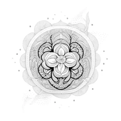 A Blackwork Tattoo Of A Volleyball Surrounded By Intricate Floral Elements