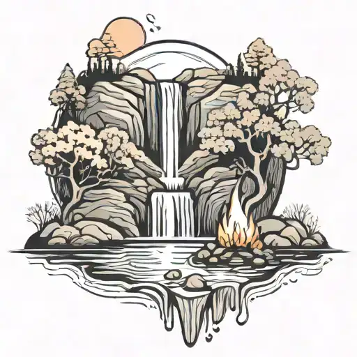 A River With A Campfire Beside It Waterfalls Down The Front