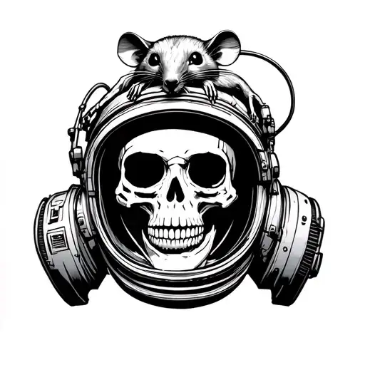 Skull In An Austronaut Helmet With Rat Skeleton On Top