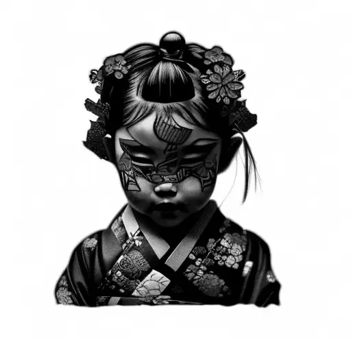 A Little Girl With A Kimono On Her Head