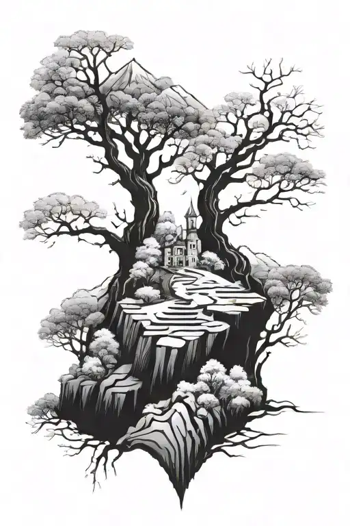 Mountaisn With Tree And A Cross That Up Up And Down A Spine