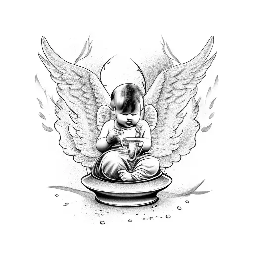 Baby Angel With Wings Sitting And Holding A Vase That Pours Out Water