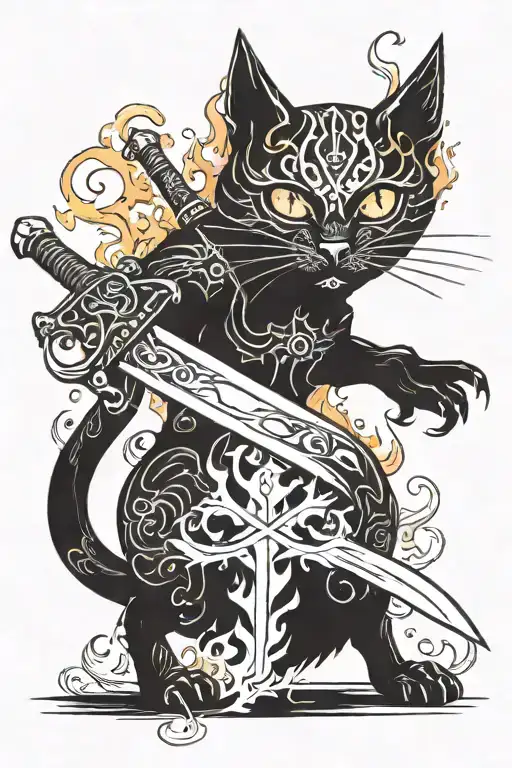 Black Cat With A Giant Sword And Flames Around It
