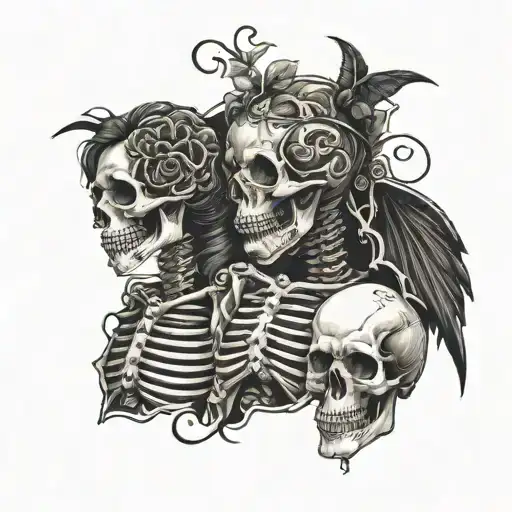 Goth Sleeve Tattoo Design Combining Skeletons And Love
