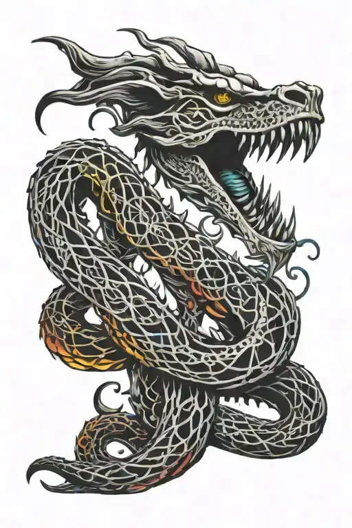 Dragon Skeleton Interrwined With Colorful Snake
