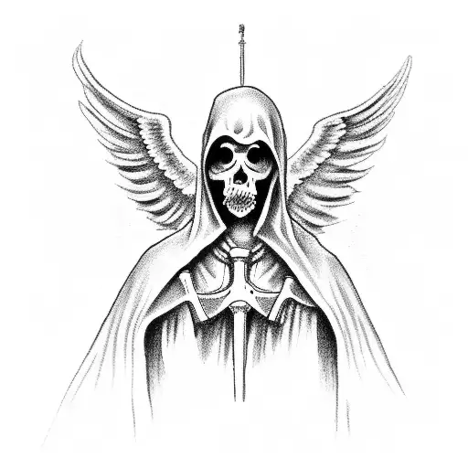 Grim Reaper With Hood Up And Can't See Face With Hand On Shoulder Of Angel Standing In Front Of Them
