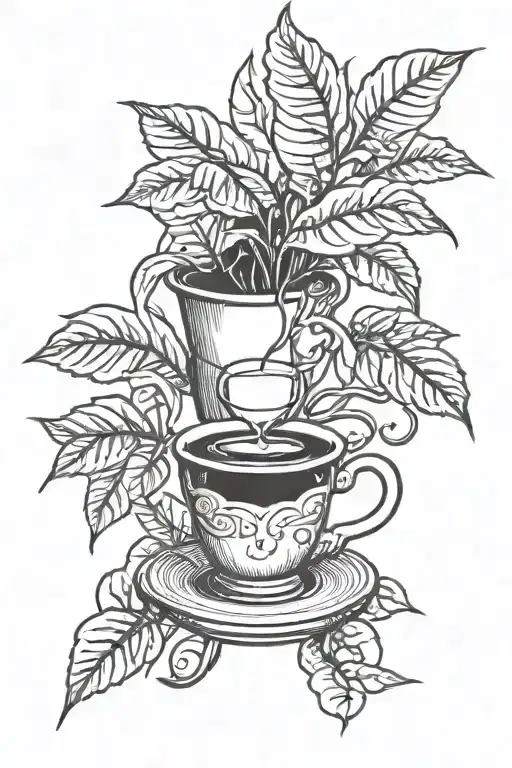 A Blackwork Tattoo Of A Coffee Plant Intertwined With Musical Instruments