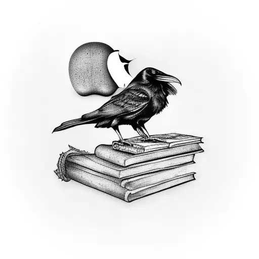 Raven On A Stack Of Books With An Apple
