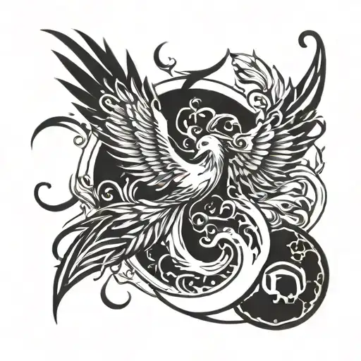 Phonix Bird Rising Wing Wide Open From Ying Yang Symbol Surrounded