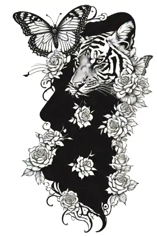 Half A Head Of A Tiger Other Half 3 Butterflies Surrounded By Roses