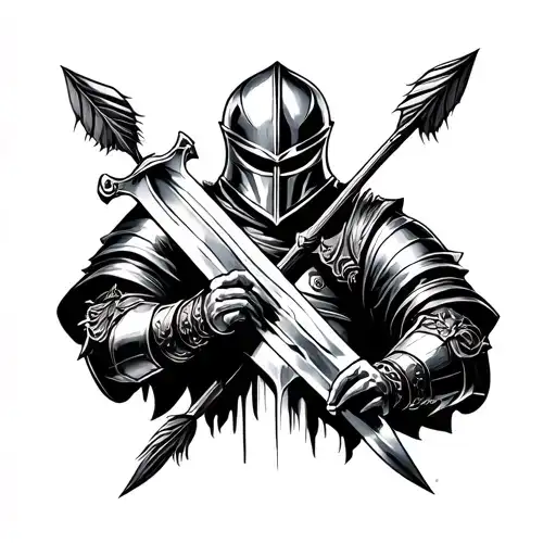 Knight Holding A Sword With Arrows Percing