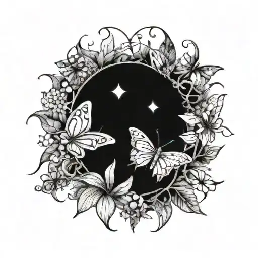 A Tattoo Of The Sun With Butterflies And Plants