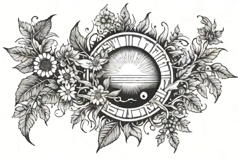 A Tattoo Of The Sun With Plants Growing And Space For Written Text Near It