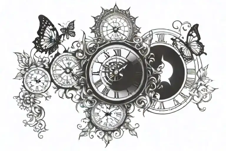A Tattoo Of The Sun With Butterflies And Clock Surrounded