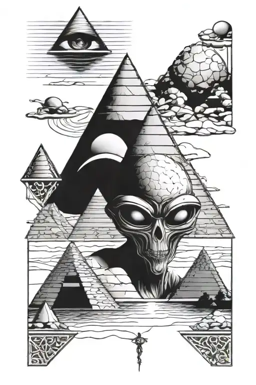 Alien Standing In Front Of Three Pyramids Include The Eye
