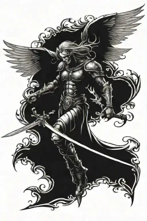 Arc Angel Stading Straight Up With Wings Spreaded And A Sword Down The Midle