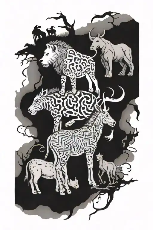 South African Big 5 Animals Intertwined