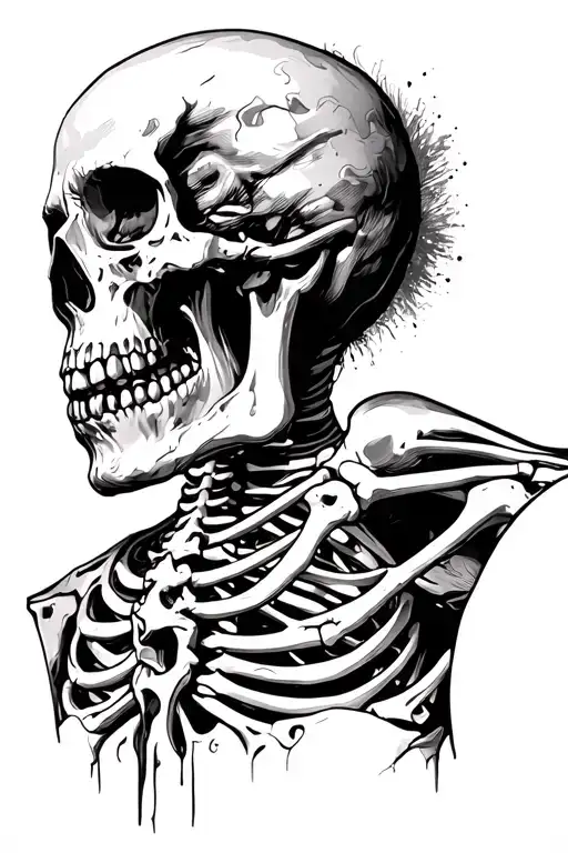 Bust Of A Man Half Skeleton Who Gives His Soul To The Exit Of His Chest