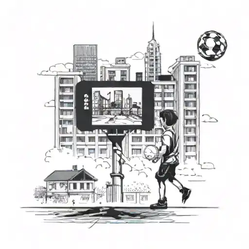 A Boy With A Football In His Hand Stands In Front Of High-rise Buildings And Looks At The Houses