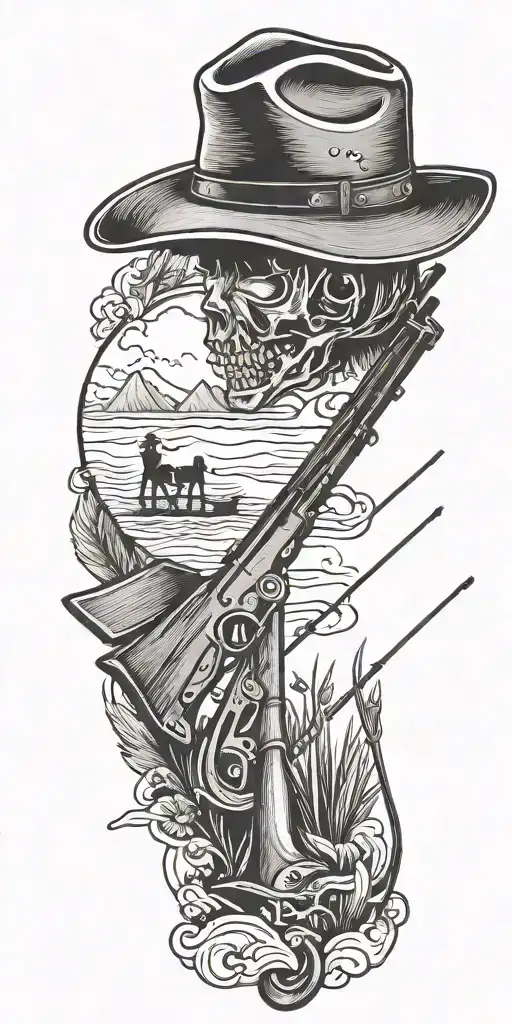 A Silhouette Of A Cowboy Hat With A Fishing Rod And Rifle Crossed Behind It