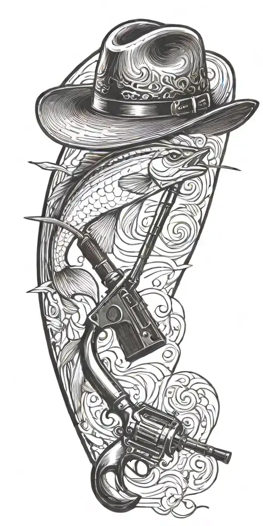 A Silhouette Of A Cowboy Hat With A Fishing Rod And Rifle Crossed Behind It