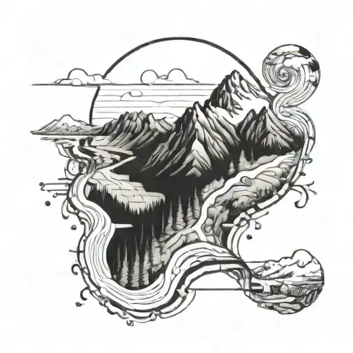 A Detailed Blackwork Tattoo Of A Mountain Landscape With A Winding Hiking Trail