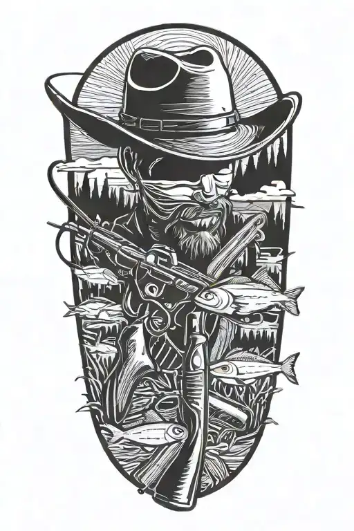 A Silhouette Of A Cowboy Hat With A Fishing Rod And Rifle Crossed Behind It
