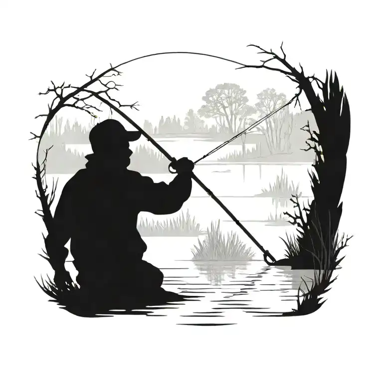 A Silhouette Of A Fisherman Casting His Line In A Serene Lake Surrounded By Trees