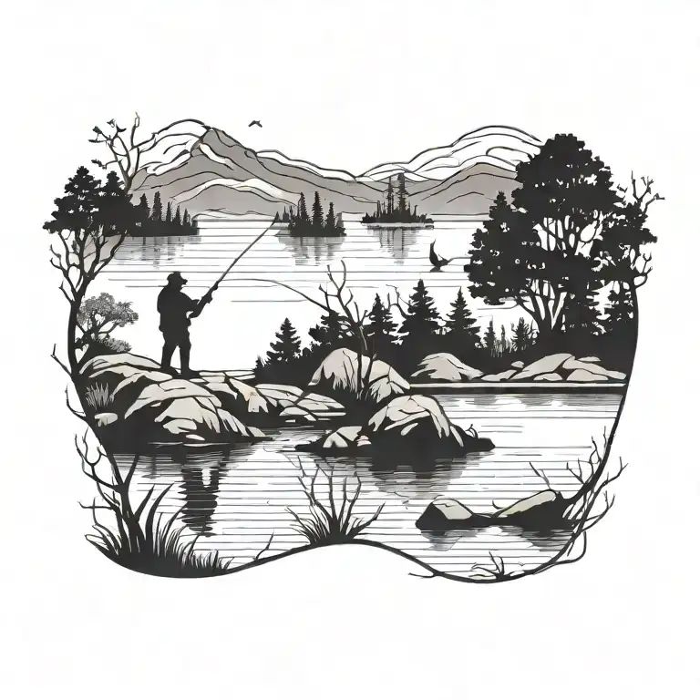 A Silhouette Of A Fisherman Casting His Line In A Serene Lake Surrounded By Trees