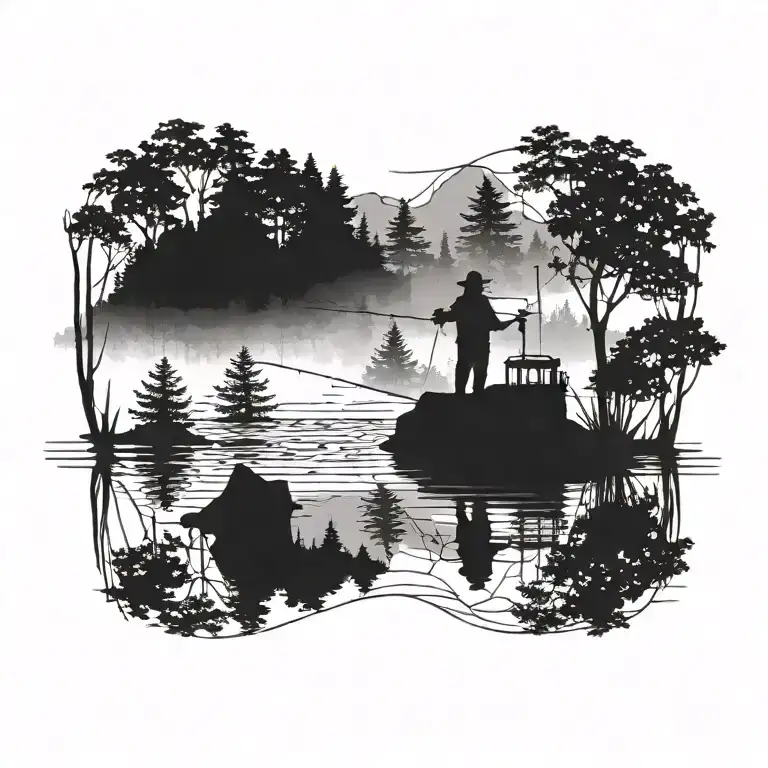 A Silhouette Of A Fisherman Casting His Line In A Serene Lake Surrounded By Trees