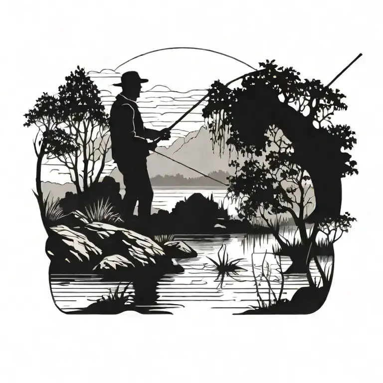A Silhouette Of A Fisherman Casting His Line In A Serene Lake Surrounded By Trees