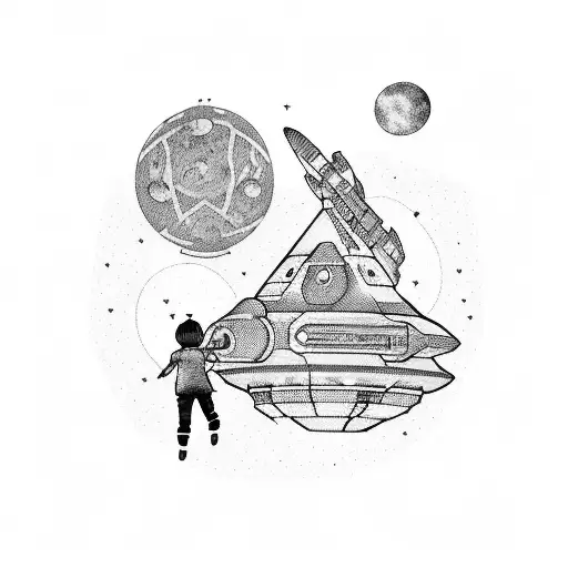 Three Silhouettes Of Children Playing With A Spaceship In The Background