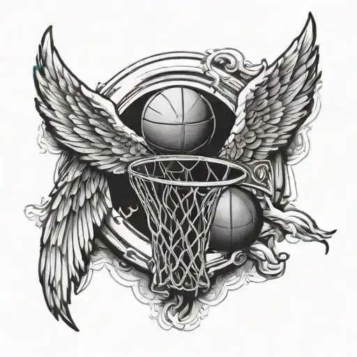 A Basketball Hoop With Angel Wings Surrounded By Philosophical Quotes