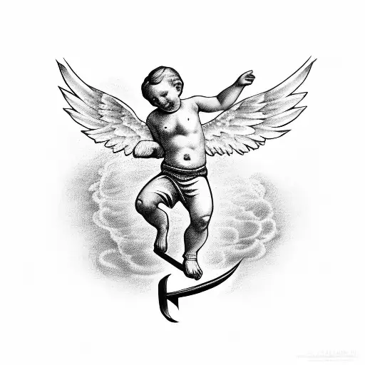 Flying Cherub With Glass Of Wine In His Hand And A Bow In The Other Hand