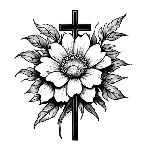 Small Christian Tattoo With Cross In Middle And Flower Blooming