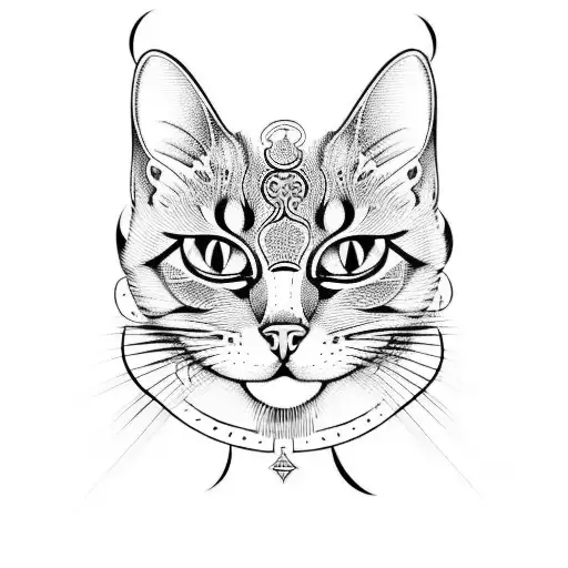 A Tattoo Design Of A Cat Surrounded By Swirling Patterns Inspired By Tarot Cards