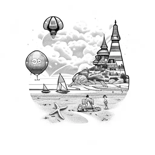 A Blackwork Tattoo Of A Beach Scene With Iconic Pop Culture References Hidden Within The Details