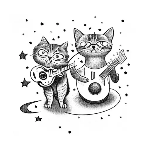 A Cat And Dog Playing Rock And Roll Instruments Under A Starry Sky