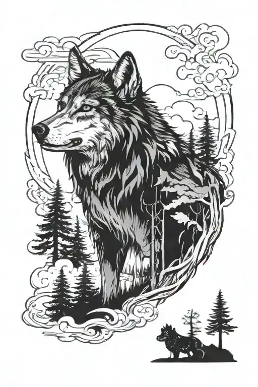 Wolf Head In Sky Forest And Kid Walking