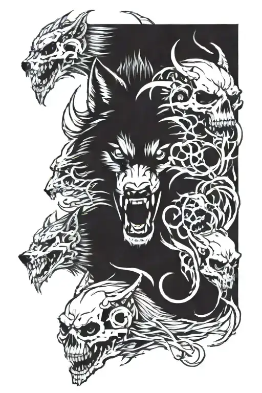 Angry Wolf And Skulls