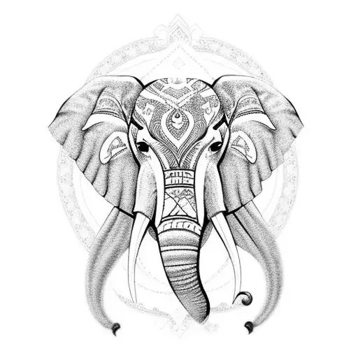 A Mesmerizing Blackwork Tattoo Of A Serene Elephant Surrounded By Delicate Floral Patterns