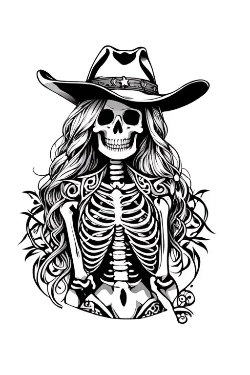 Western Cowgirl Skeleton With Tribal Designs Behind Her