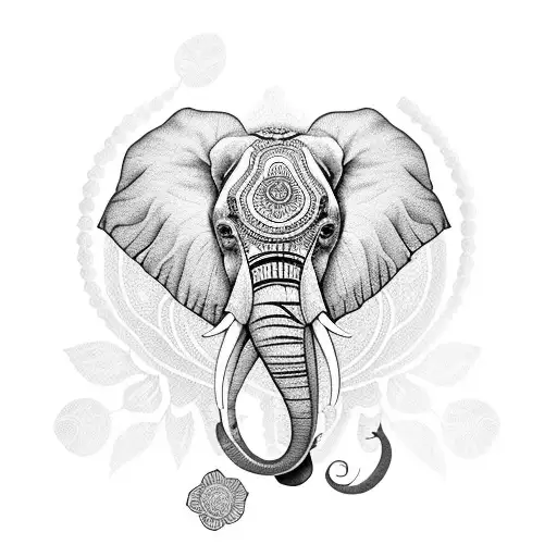 A Mesmerizing Blackwork Tattoo Of A Serene Elephant Surrounded By Delicate Floral Patterns
